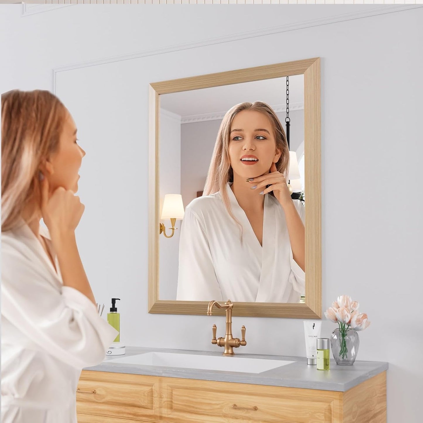 Amorho Bathroom Mirror, 28 X36 Inch Wall Mirror, Oak Wood Grain Metal Framed, Anti-Rust, Hang Horizontally/Vertically, Suitable for Bedroom, Farmhouse, Bathroom, Decorative