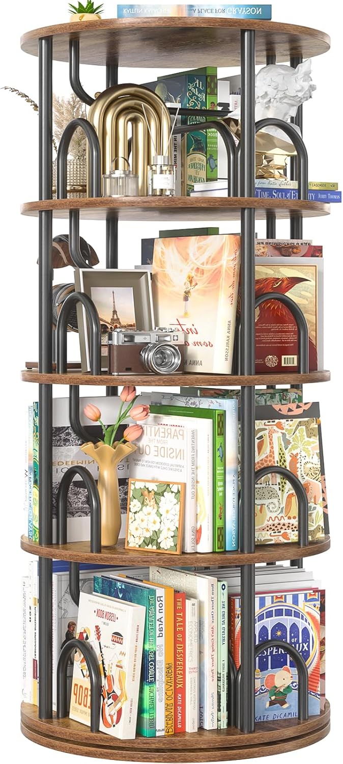 Aheaplus 4 Tier Rotating Bookshelf Tower, 360 Display Spinning Bookcase, Revolving Round Book Shelf Narrow Swivel Bookshelf, Vertical Turning Corner Book Organizer for Small Space, Rustic Brown