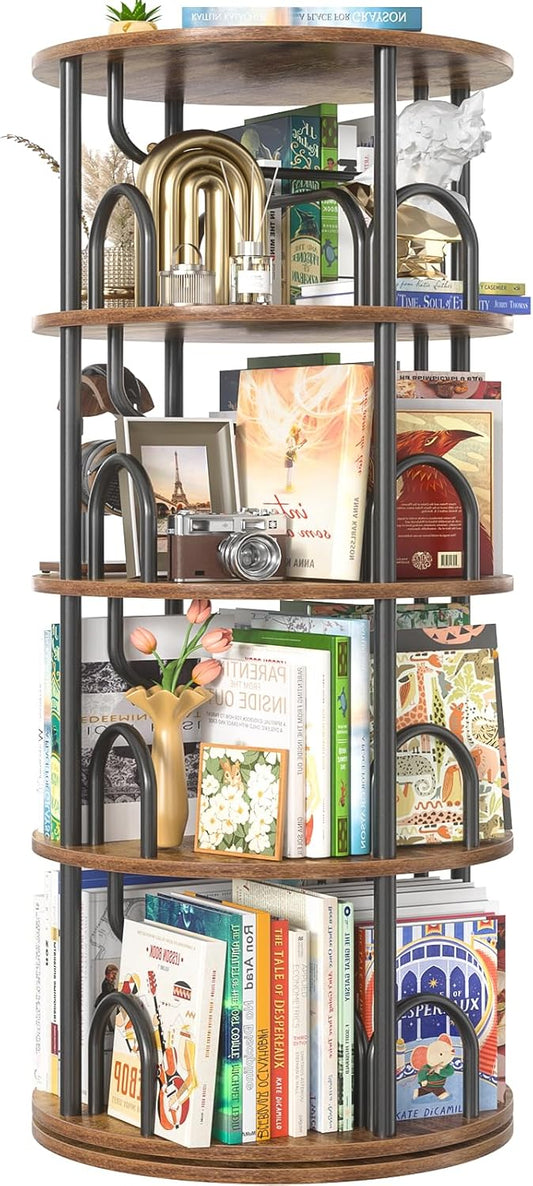 Aheaplus 4 Tier Rotating Bookshelf Tower, 360 Display Spinning Bookcase, Revolving Round Book Shelf Narrow Swivel Bookshelf, Vertical Turning Corner Book Organizer for Small Space, Rustic Brown