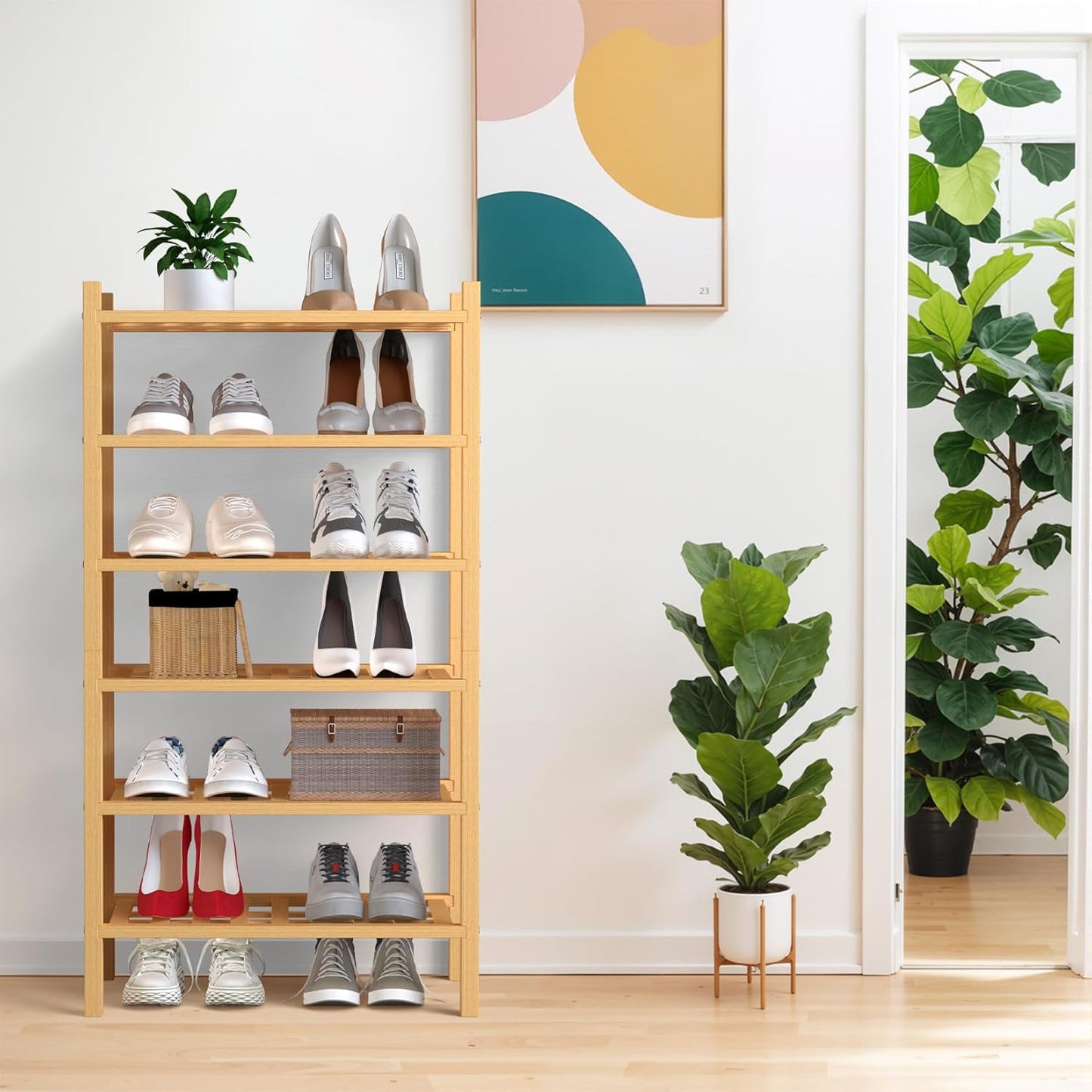 Haddockway small 6 Tier Bamboo Shoe Rack Storage Organizer,Multifunctional Free Standing Stackable Shoe Shelf with Grid Panel for Closet,Hallway,Entryway,Small Space 18"x11"x34"(Natural, 6-Tier Small)