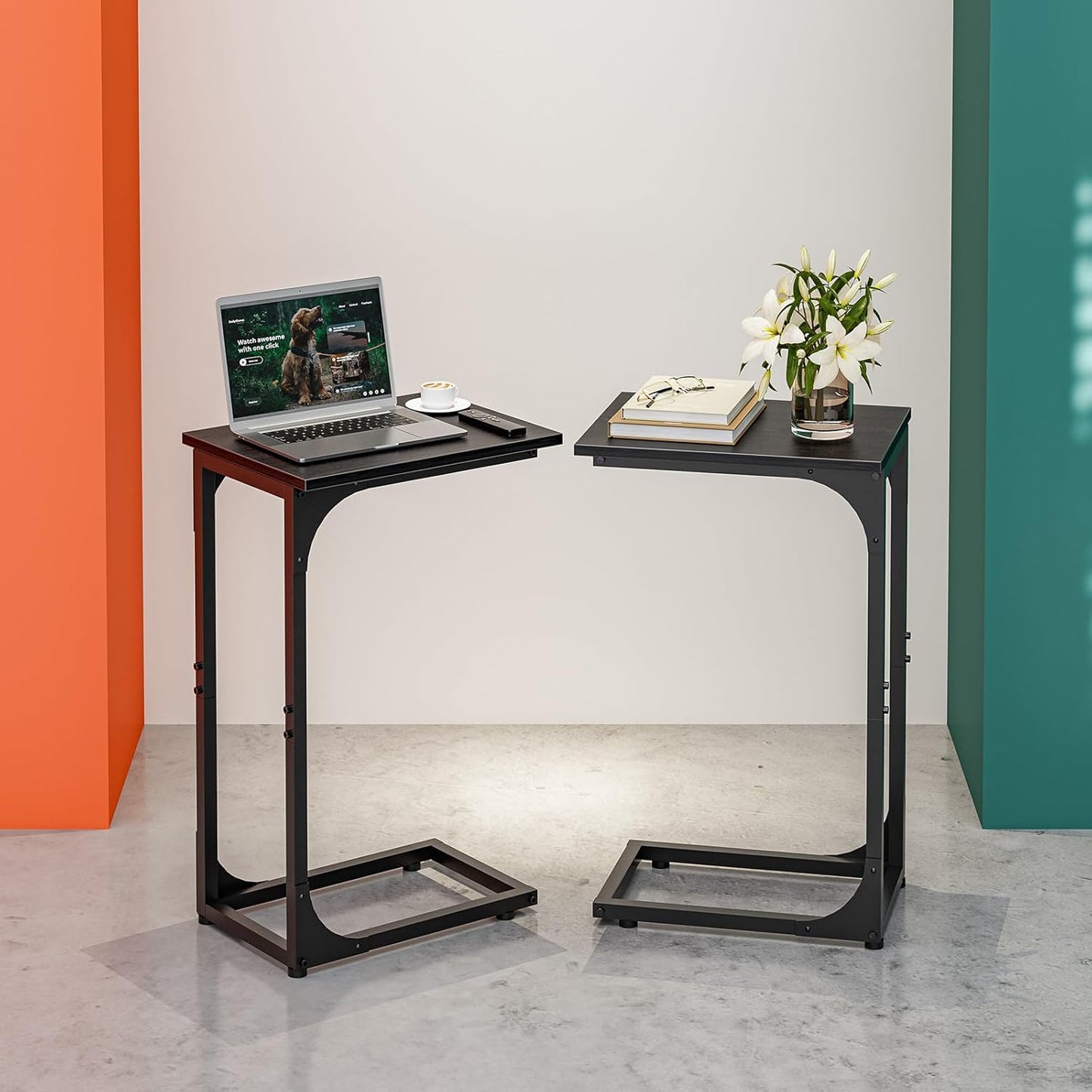 C-Shaped Side Table for Couch - Small Coffee Stand Sofa Tray Desk with Metal Frame and Waterproof Scratch Resistant, Modern End Accent for Living Room, Bedroom, Set of 2, Black
