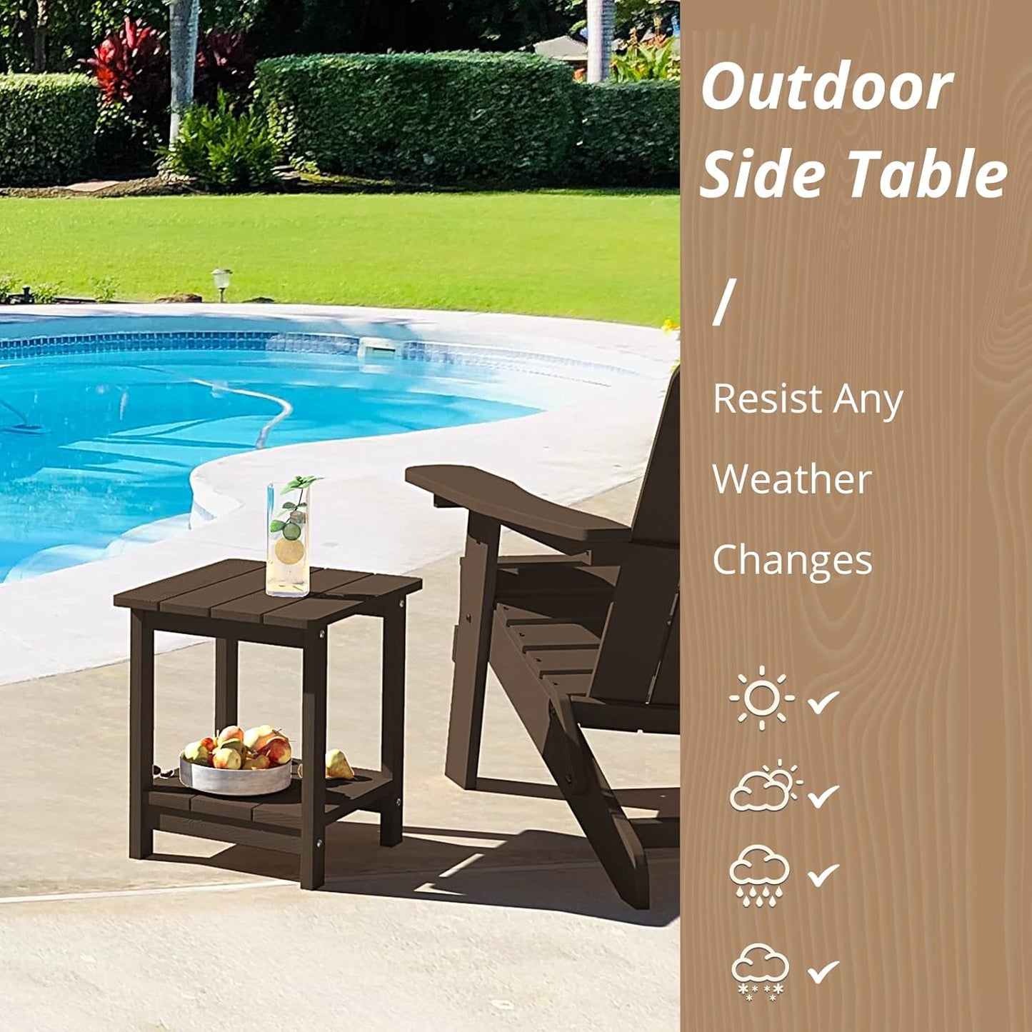 LUE BONA Adirondack Outdoor Side Table, 2-Tier Dark Brown HDPS Patio End Table Weather Resistant,Outdoor Morden Side Table for Patio, Pool, Porch