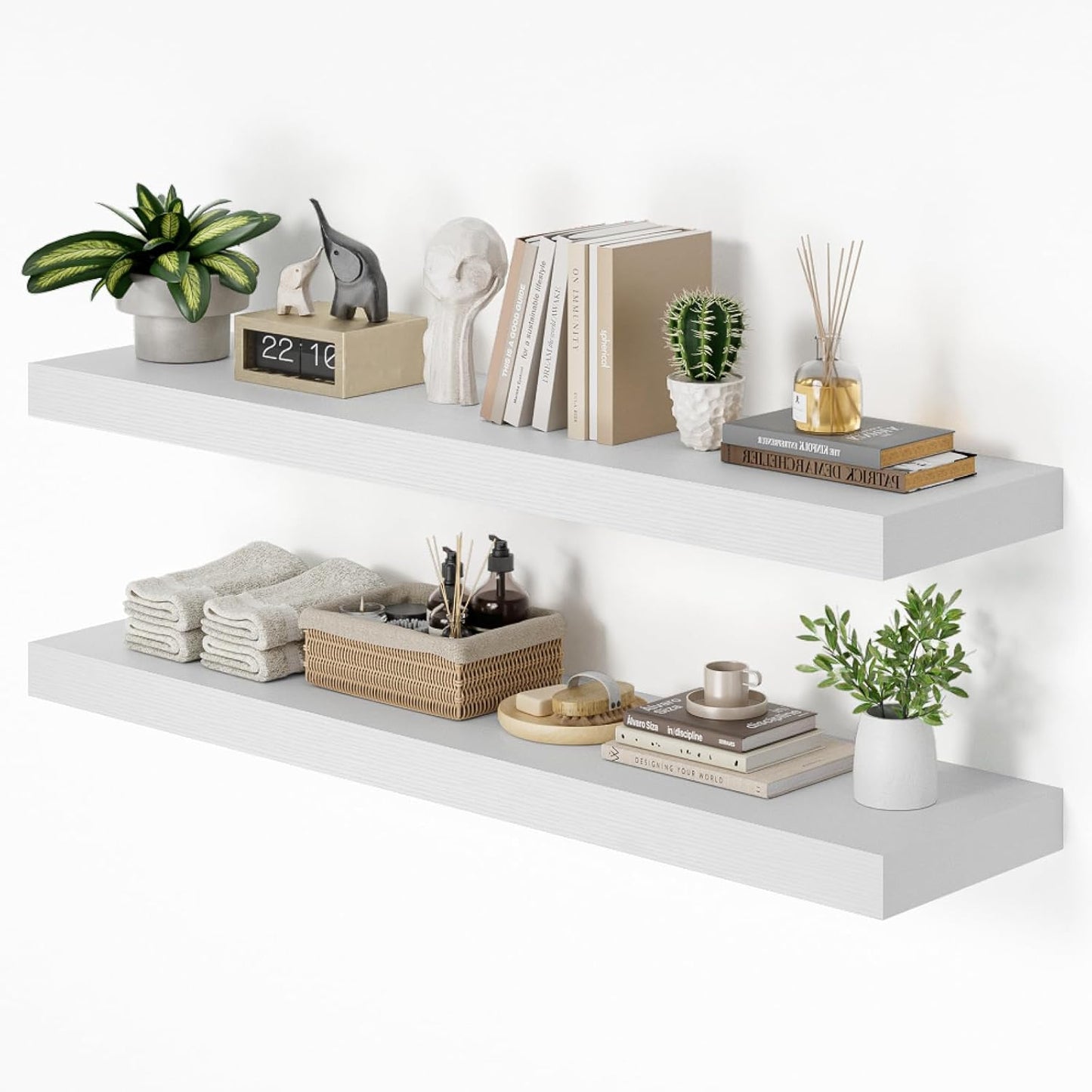 Heimlove 48W x 12D Long Floating Shelf, 12 Inch Deep White Floating Shelves for Wall Set of 2, Wood Shelves for Bedroom Living Room Bathroom Kitchen Home Office, Wall Shelves with Heavy Duty Bracket