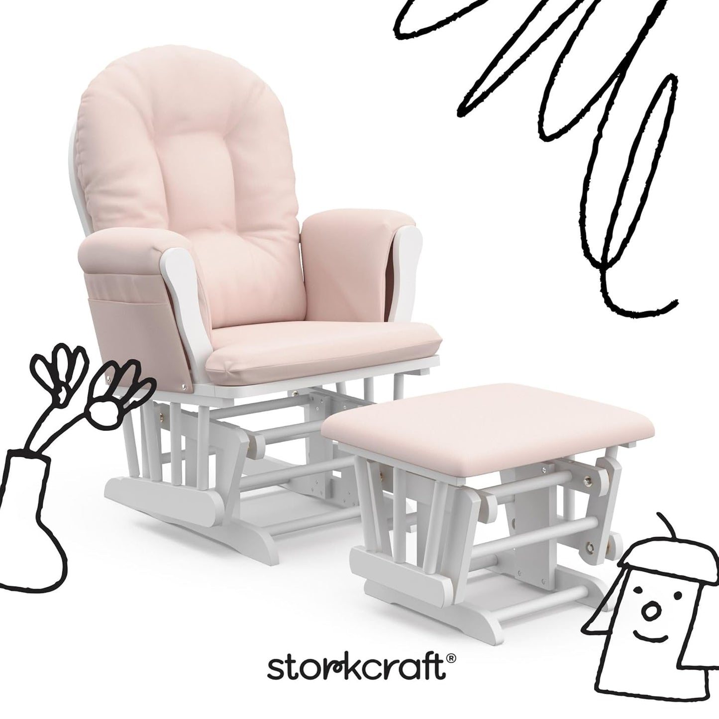 Storkcraft Premium Hoop Glider & Ottoman (White/Pink) — GREENGUARD Gold Certified Nursery Glider, Solid Wood Craftsmanship, Smooth-Gliding Nursery Chair and Ottoman, Award-Winning