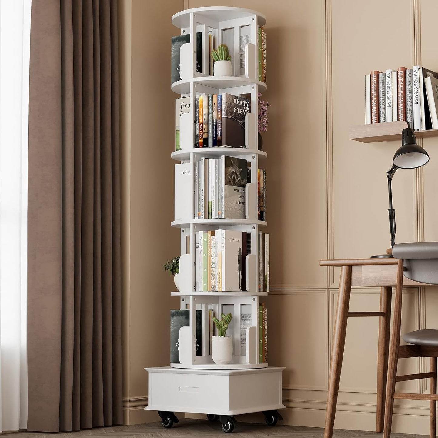Solid Wood Rotating Bookshelf Tower, 5 Tier Spinning Bookcase with Drawer, 72" Floor Standing Revolving Bookshelf on Wheels, Corner Bookcase for Small Space, White