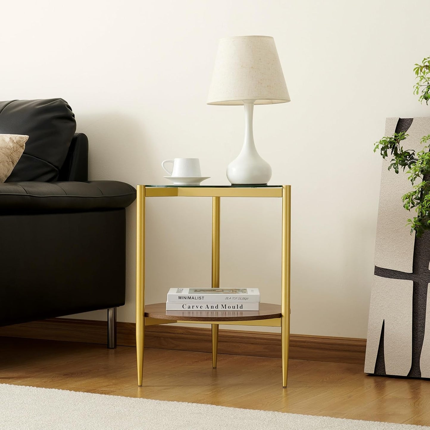 Round End Table, Mid-Century Modern Design, D20*H23 inch, for Living Room, 2-Tier Structure, Clear Glass Top and Walnut MDF Shelf, Sleek Conical Metal Legs with Gold Finish