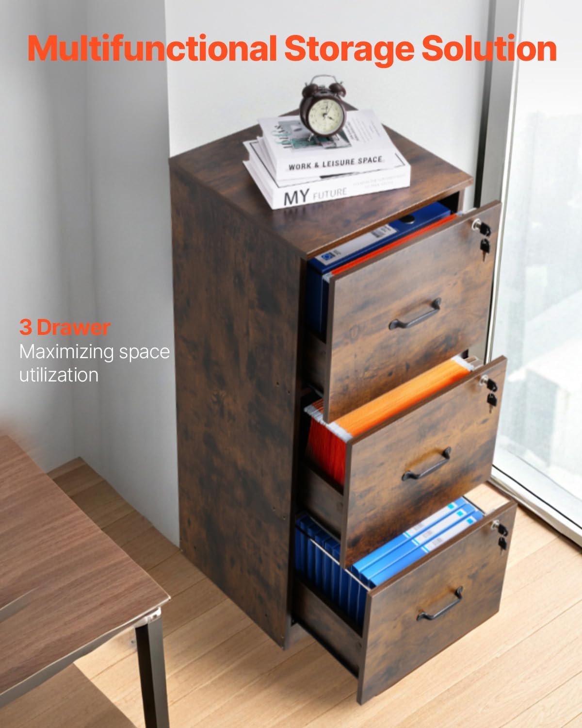 VEVOR 3 Drawer File Cabinet with Lock, Vertical Filing Storage Cabinets for Home Office, Heavy-Duty Locking Cabinet with 2-Level Adjustable Hanging Rod for A4/Letter/Legal Size File, Easy Assembly