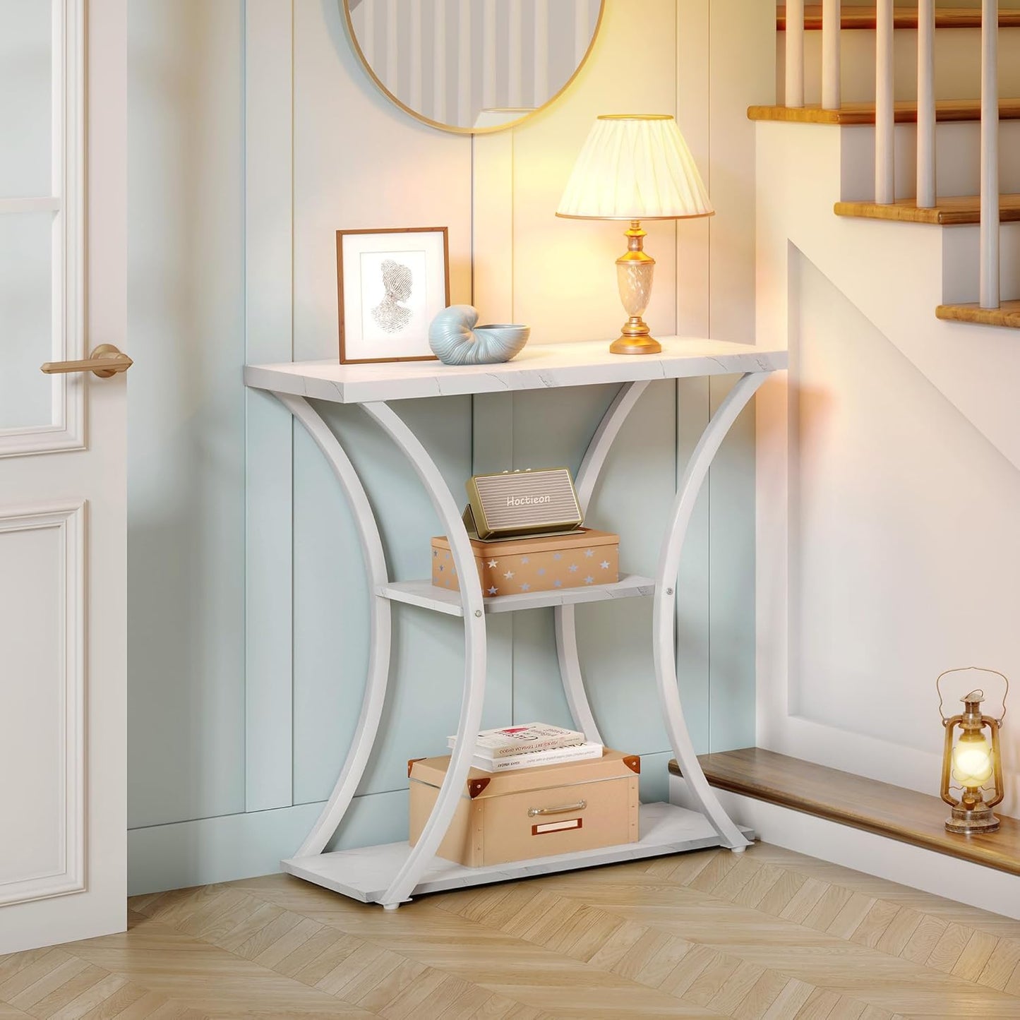 Hoctieon 3 Tier Console Table with Open Wood Shelves, Decorative Entryway Table with Curved Metal Frames, Narrow Sofa Table for Entrance, Living Room, Hallway, White Marbled