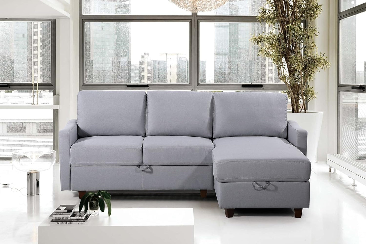 Container Furniture Direct Sectional Sofa with Storage – Modern Upholstered Living Room Couch, Reversible Chaise for Home, Apartment, Office, 81.9” L, Light Grey