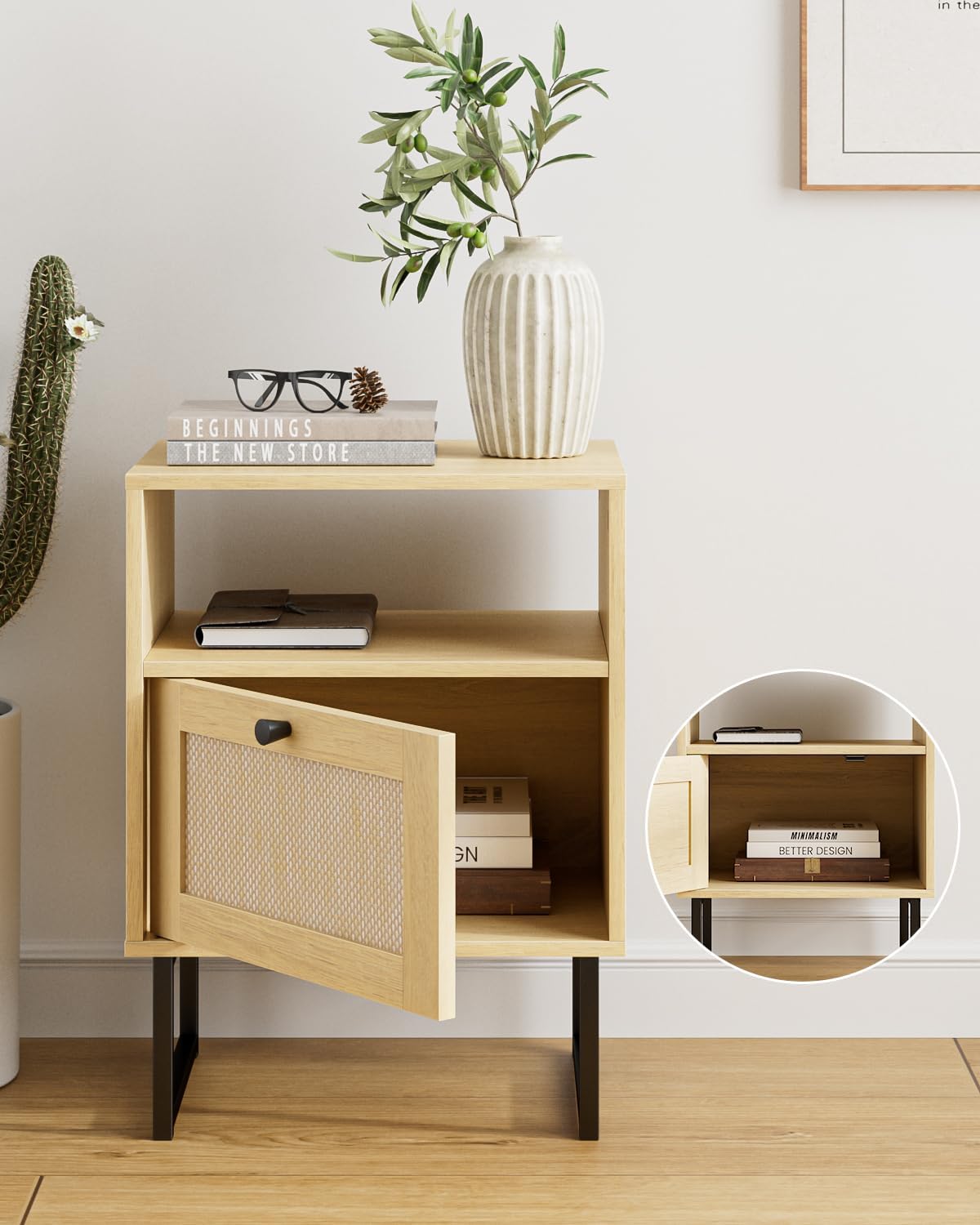 Masupu Rattan Nightstand,Modern Boho Farmhouse Wood Bedside Table with Storage Drawer and Open Shelf,Small Black Frame Side End Table for Bedroom,Living Room,Office (Natural)