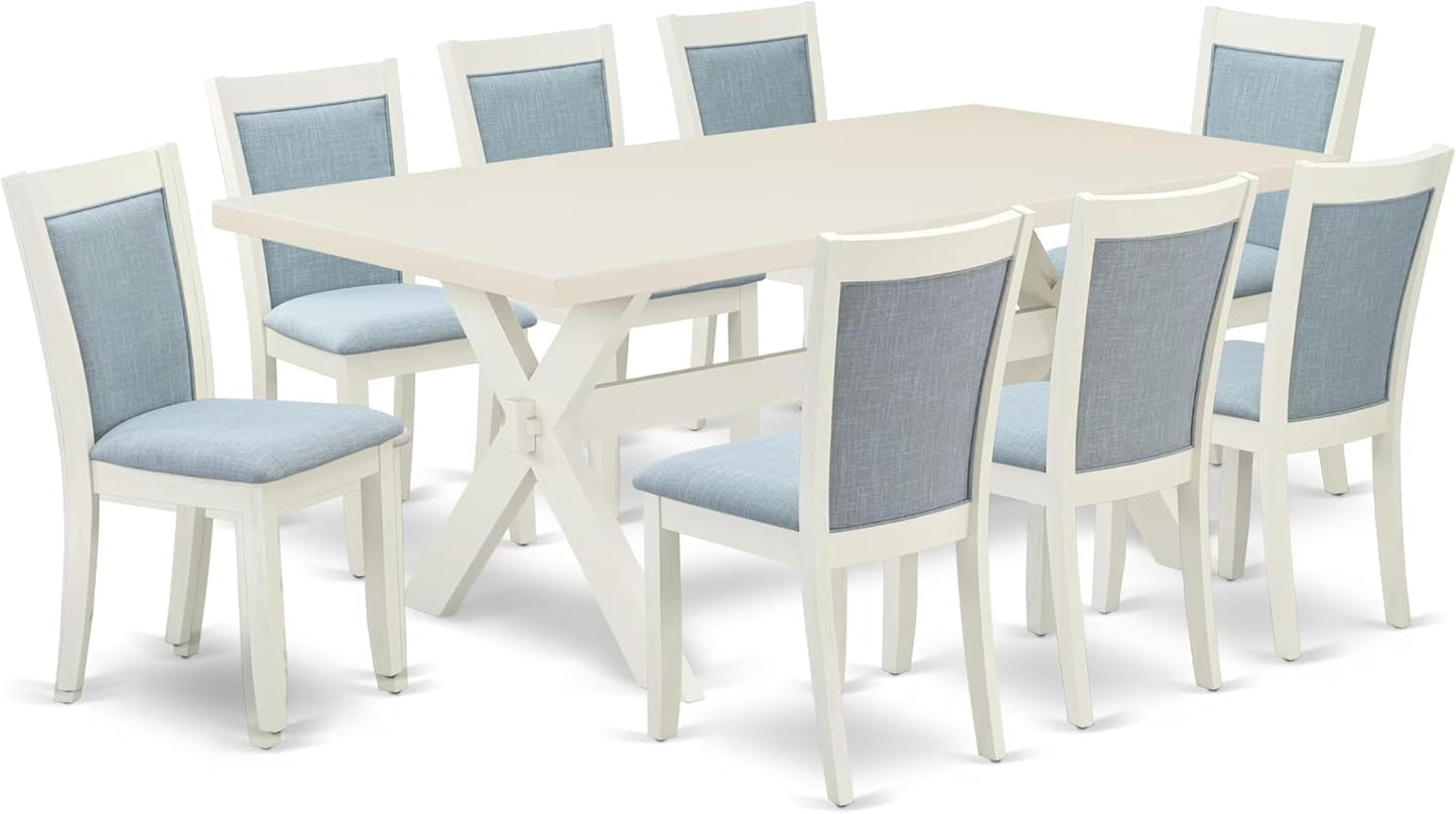East West Furniture X027MZ015-9 9 Piece Dining Table Set Includes a Rectangle Dining Room Table with X-Legs and 8 Baby Blue Linen Fabric Upholstered Chairs, 40x72 Inch, Multi-Color