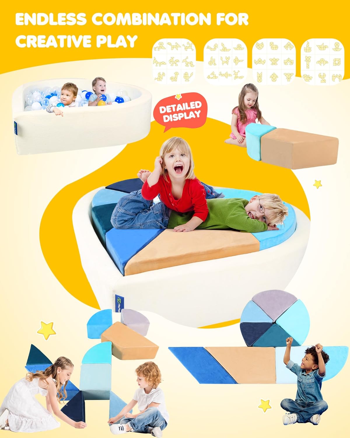 Kids Play Couch, 2-in-1 Heart-Shape Kids Plays Sofa with Unique Ball Pit(no Balls Included), Tangram Puzzle Play Couch for Playroom, Modular Play Sofa for Inspiring Creativity, Ocean