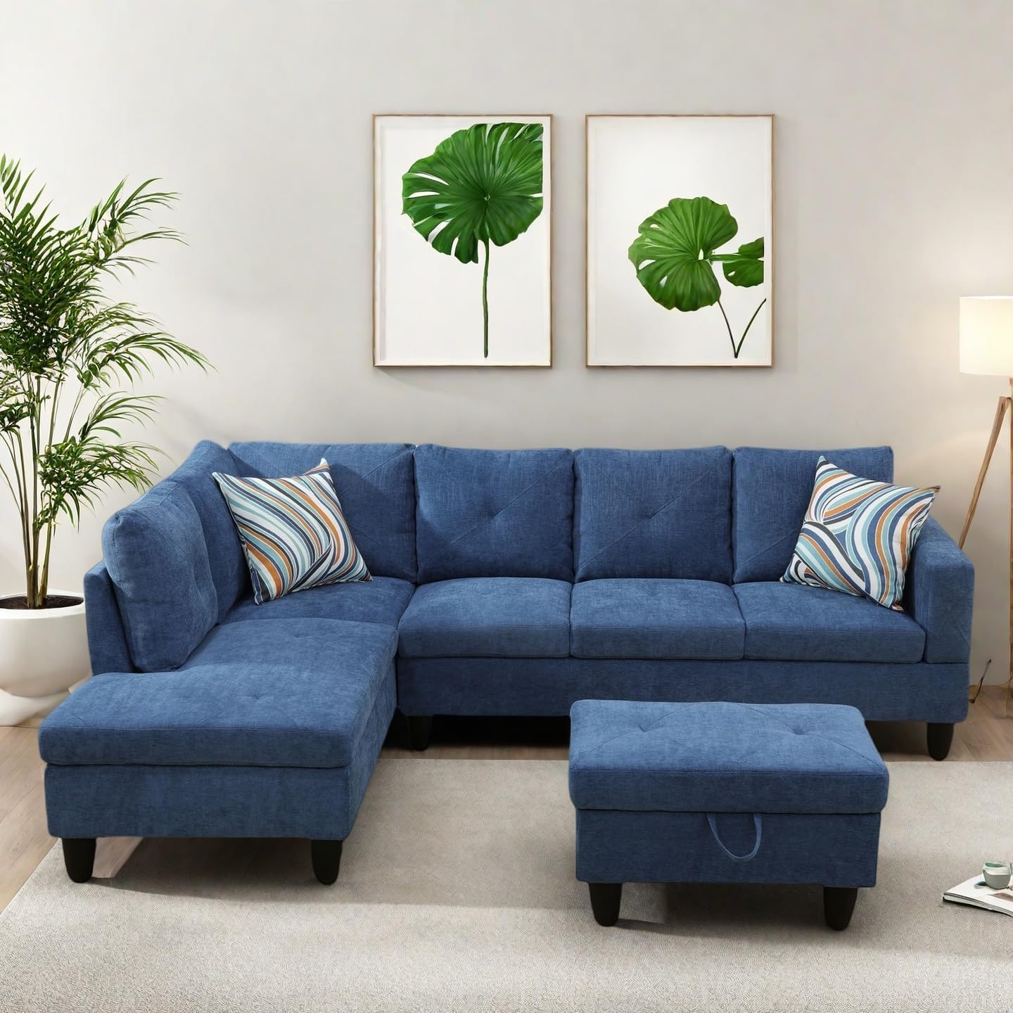 Modern Living Room Furniture Sets with Pillows, Modular Sectional Couches with Chaise Lounge, 4-Seaters L Shape Sofa with Storage Ottoman, for Living Room, Blue