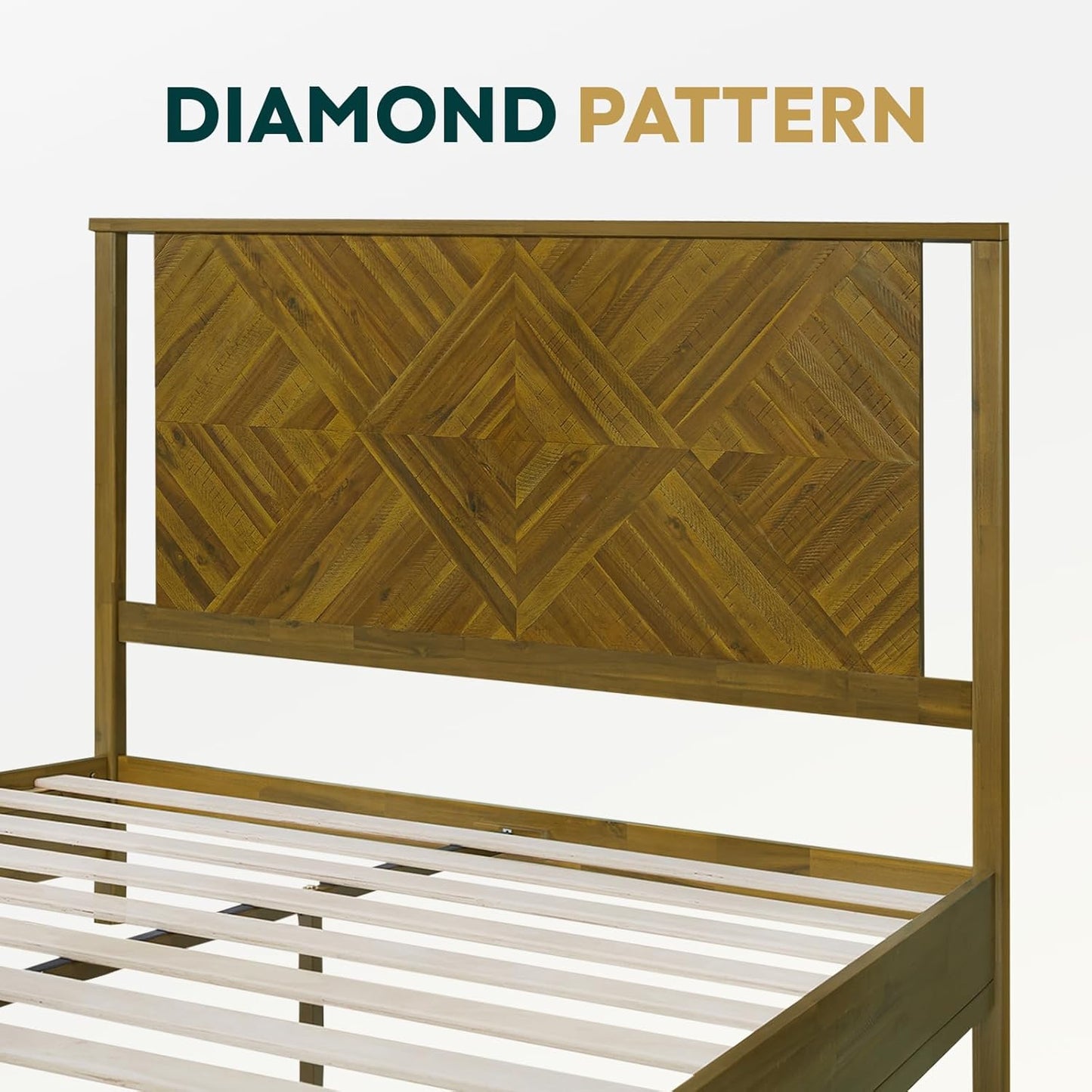 Bme Ethan Queen Bed Frame with Diamond Headboard, Mid-Century Modern, Solid Acacia Wood, No Box Spring Needed, Fits All Mattresses, Rustic Brown