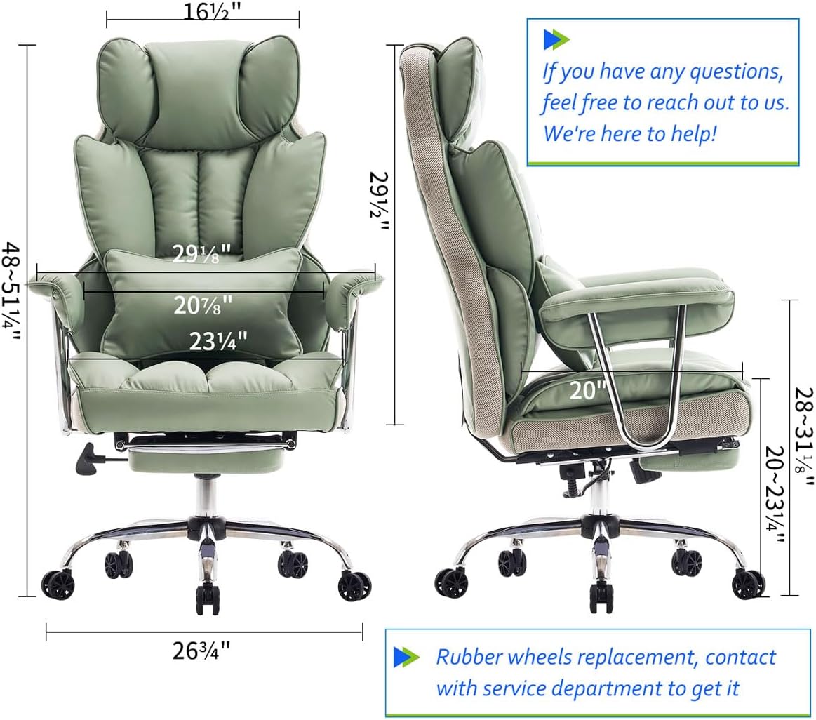 Efomao Big and Tall Office Chair 400lbs - Executive Office Chairs with Footrest, Heavy-Duty PU Leather Computer Chair for Heavy People, Light Green Home Office Desk Chairs