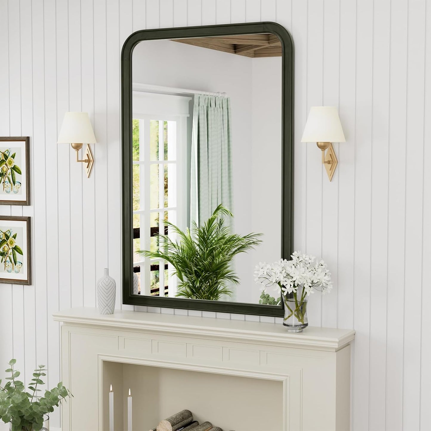 WallBeyond Wood Frame Bathroom Mirror 24" x 36" Wooden Arched Wall Mirror Farmhouse Style Bathroom Vanity Mirror for Home Decor Rectangle Mirror (Black)
