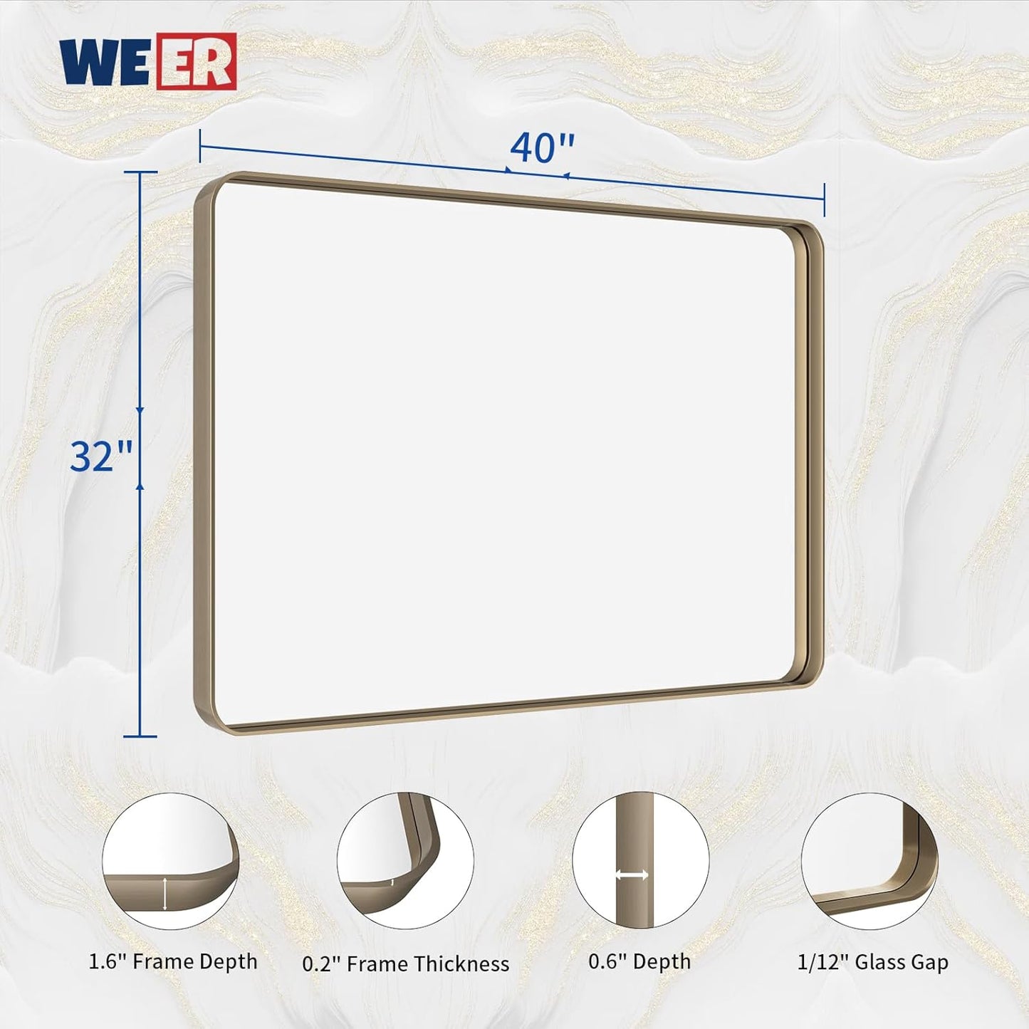 WEER Bronze Bathroom Wall Mirror, 40x32 Inch Oil Rubbed Bronze Vanity Mirror, Farmhouse Bronze Mirror with Aluminum Alloy Brushed Metal Frame, Tempered Glass, Anti-Rust (Horizontal/Vertical)