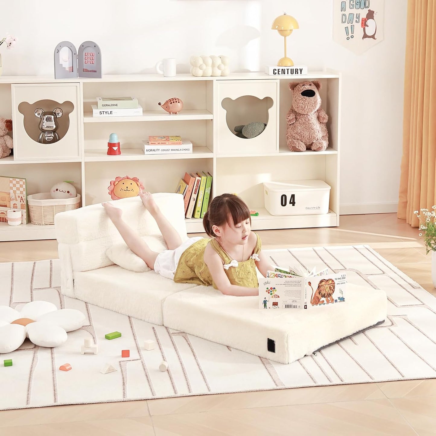 Folding Sofa Bed Beige Floor Mattress for Kids with Pillow, Toddler Washable Folded Floor Nap Mat Futon, Child Fold Up Sofa Folding Chair Bed with Storage Bag for Girls and Boys