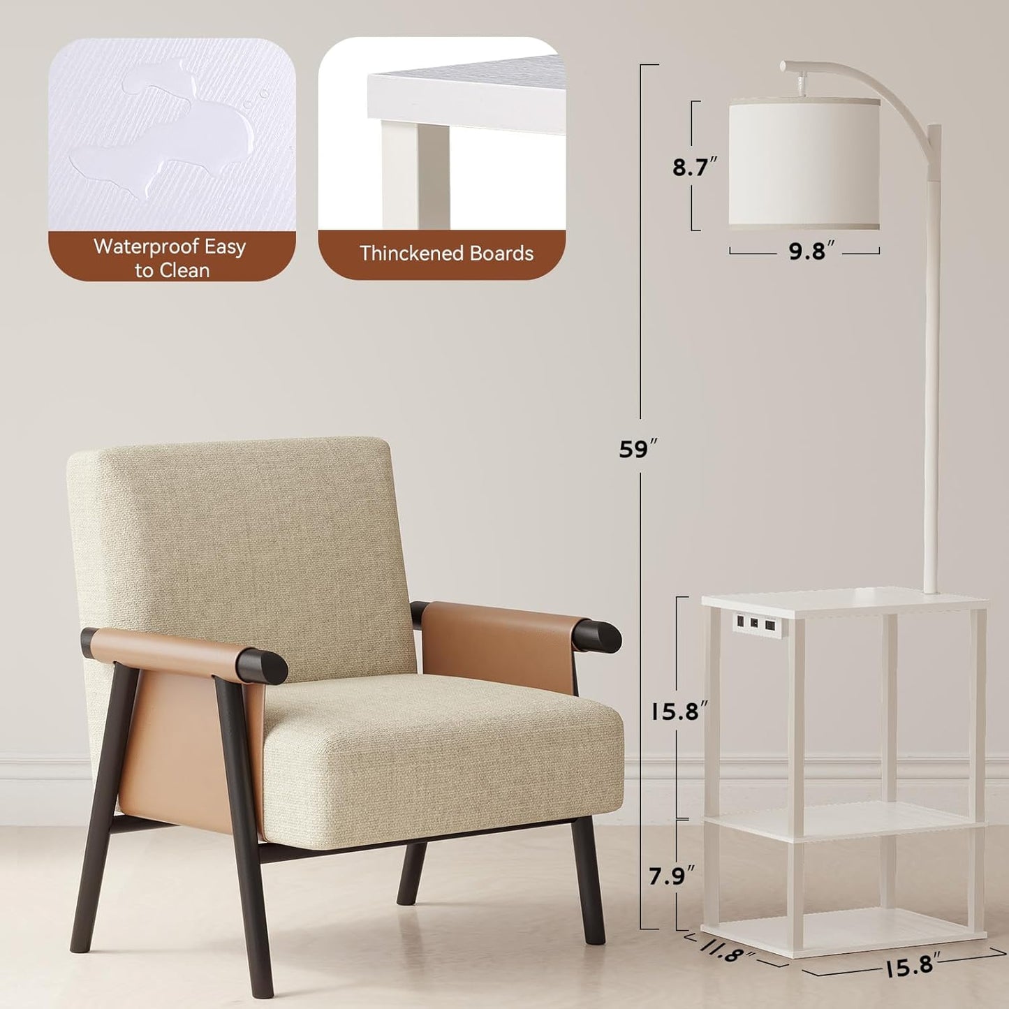 SUNMORY Floor Lamp with Table, End Table for Living Room with Lamp, Shelves Side Table with Charging Station(USB & AC Port), 3 Color Temperature LED Bulb, Modern Nightstand Lamp for Bedroom, Office