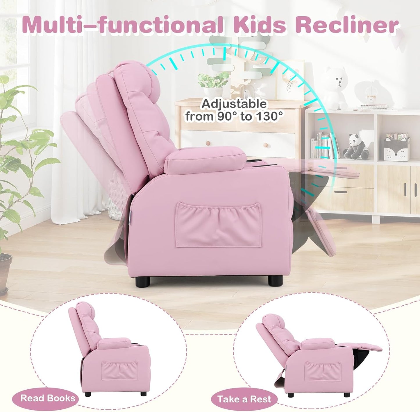 Costzon Kids Recliner Chair with Cup Holder, Adjustable Lounge Chair w/Footrest & Side Pockets for Children Boys Girls Room, Ergonomic Toddler Furniture Sofa, Kids Pink Recliner (Pink)