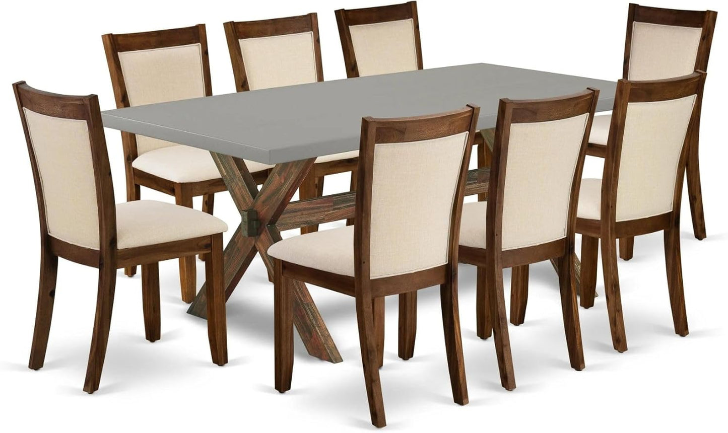 East West Furniture X797MZN32-9 9 Piece Dining Table Set Includes a Rectangle Dining Room Table with X-Legs and 8 Light Beige Linen Fabric Parsons Chairs, 40x72 Inch, Multi-Color