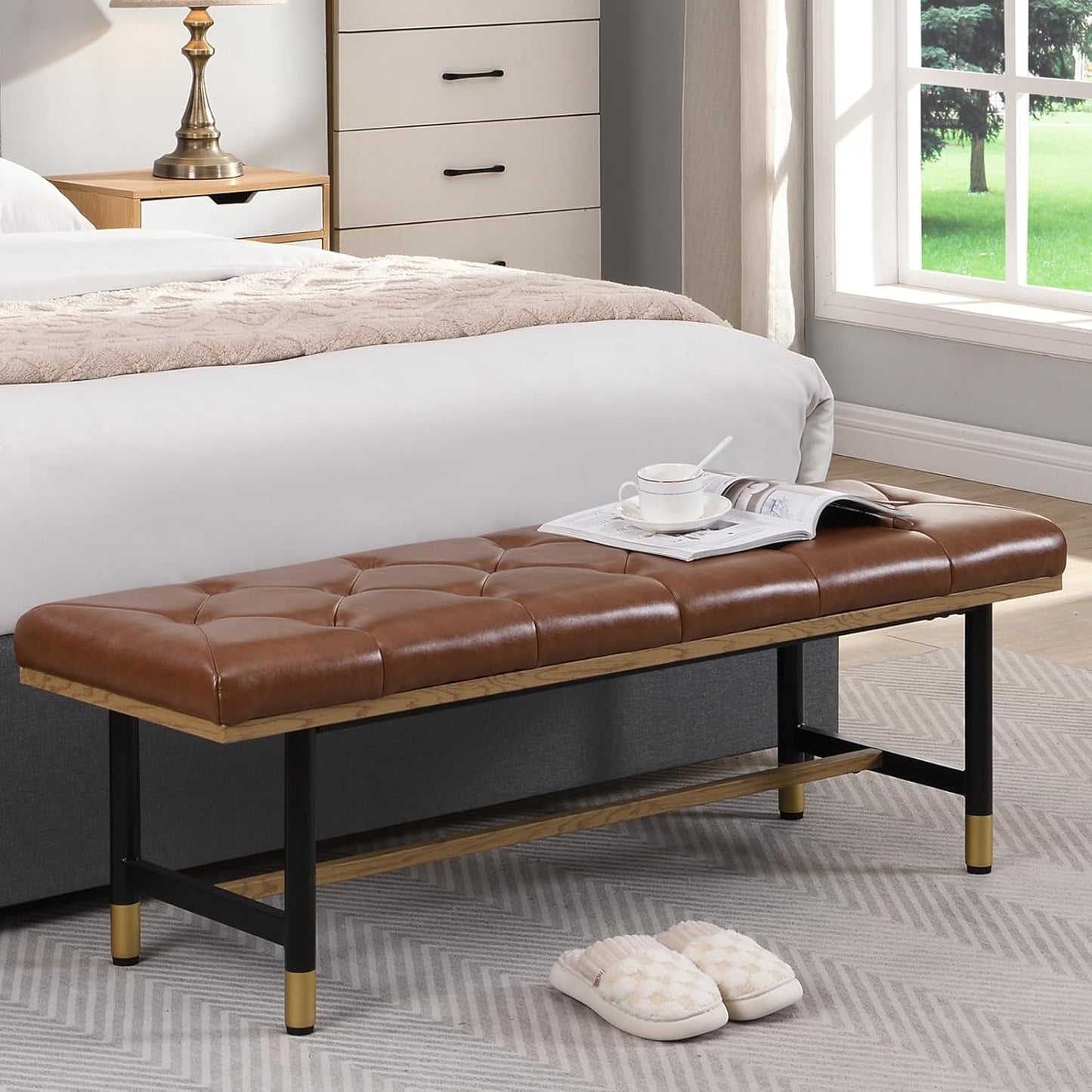 Modern Faux Leather Bench for Living Room and Bedroom, End of Bed Entryway Bench with Solid Metal Shelf, Padded Seat, Brown