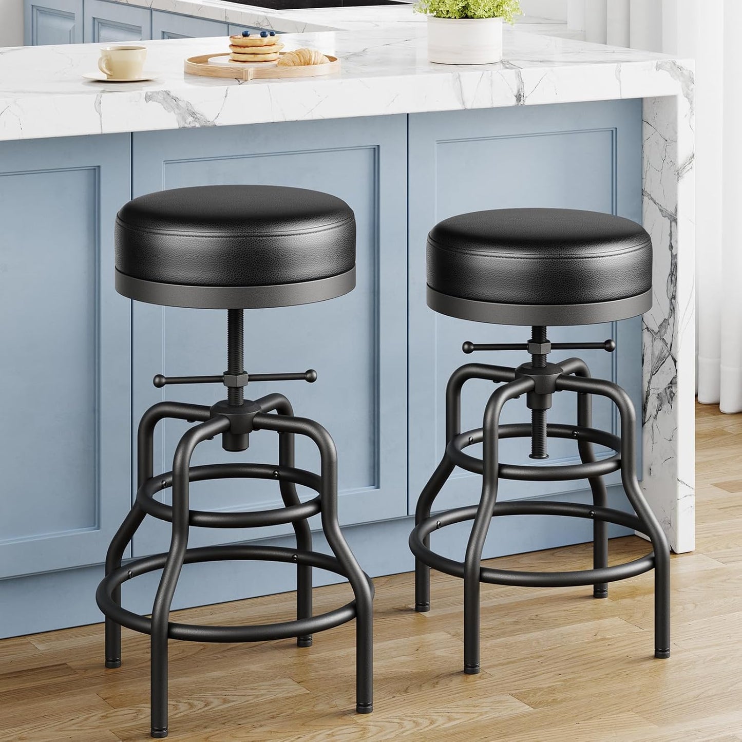 Adjustable Height Swivel Bar Stools Set of 2, 22-29 Inch Industrial Vintage Bar Counter Height Stools with Thicken Premium Bonded Leather Seats & Updated Footrests, Easy Assembly, Black