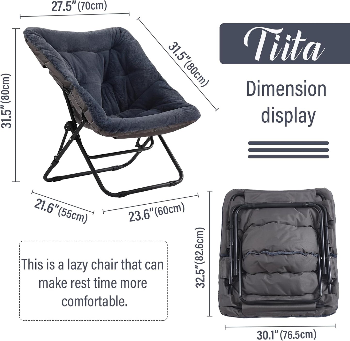 Tiita Comfy Folded Chair, Soft Faux Fur Oversized Folding Accent Chair, Lounge Lazy Chair for Kids Teens Adults, Metal Frame Moon Chair for Bedroom, Living Room, Dorm Rooms