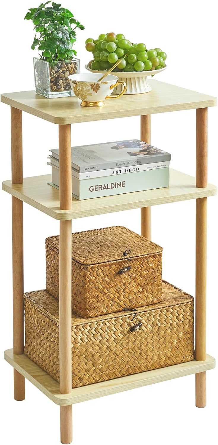 IBUYKE 3-Tier Side Table, Solid Wood Tall End Table with Storage Shelves, Nightstand Bedside Table for Living Room Bedroom Office, No-Tool Assembly, Light Natural UWST003S