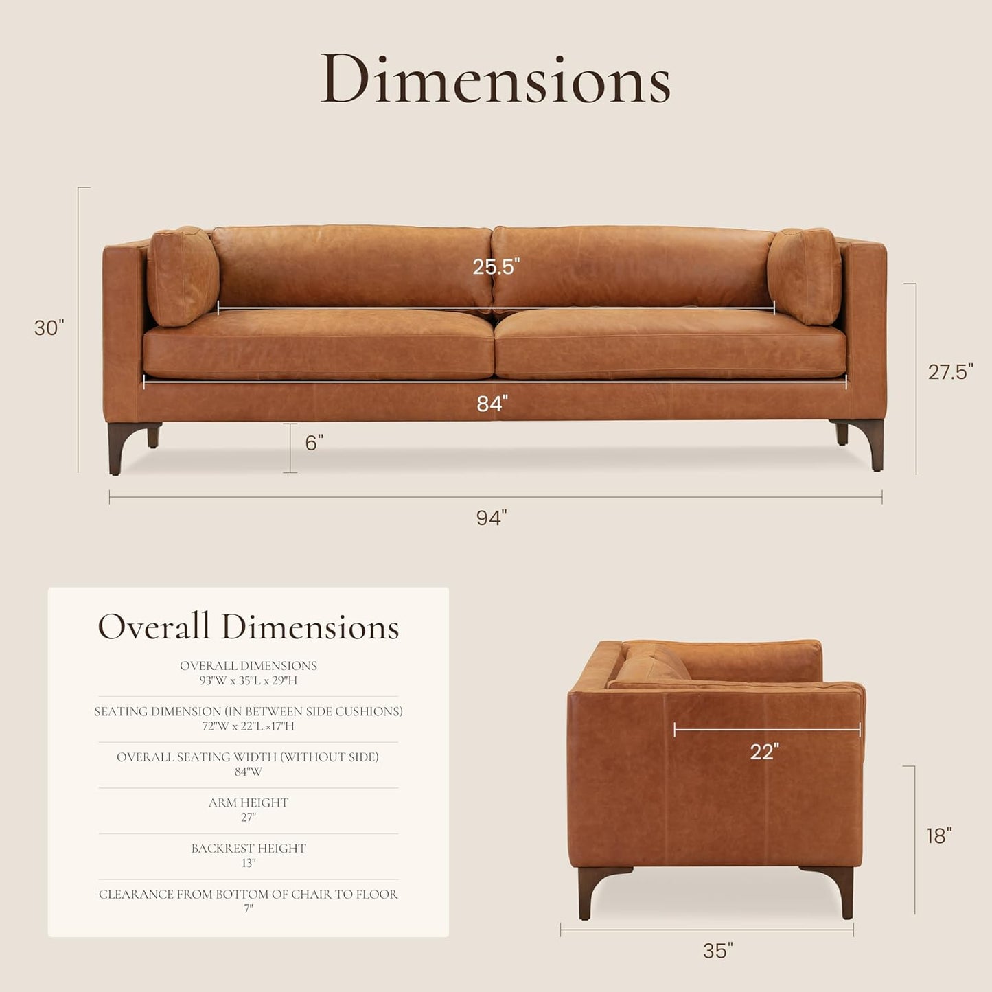 Poly & Bark Argan Leather Couch - 93 Inch Sofa - Full-Grain Leather Sofa for Living Room with Feather Down Topper - Living Room Couch - Pure Aniline Vintage Italian Leather in Cognac Tan