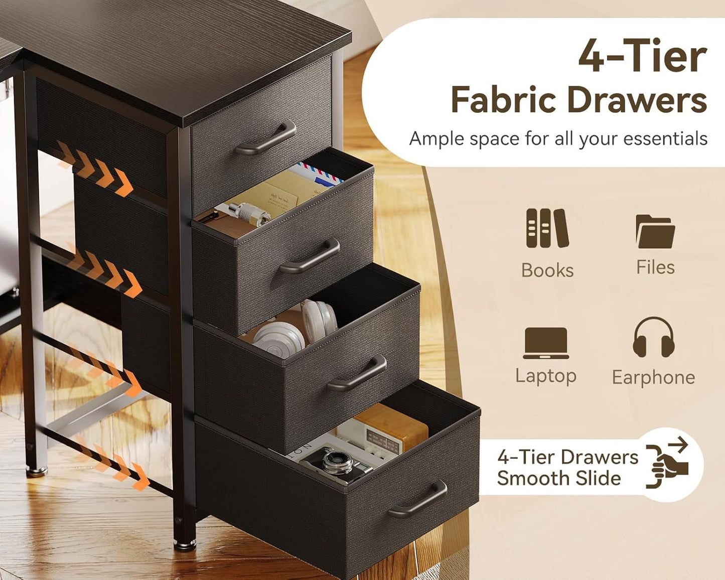 Casaottima L Shaped Desk with 4 Drawers, 47" Corner Computer Desk with Storage, Reversible Kids Study Table with CPU Stand & Hook, Work Table for Home Office, Black