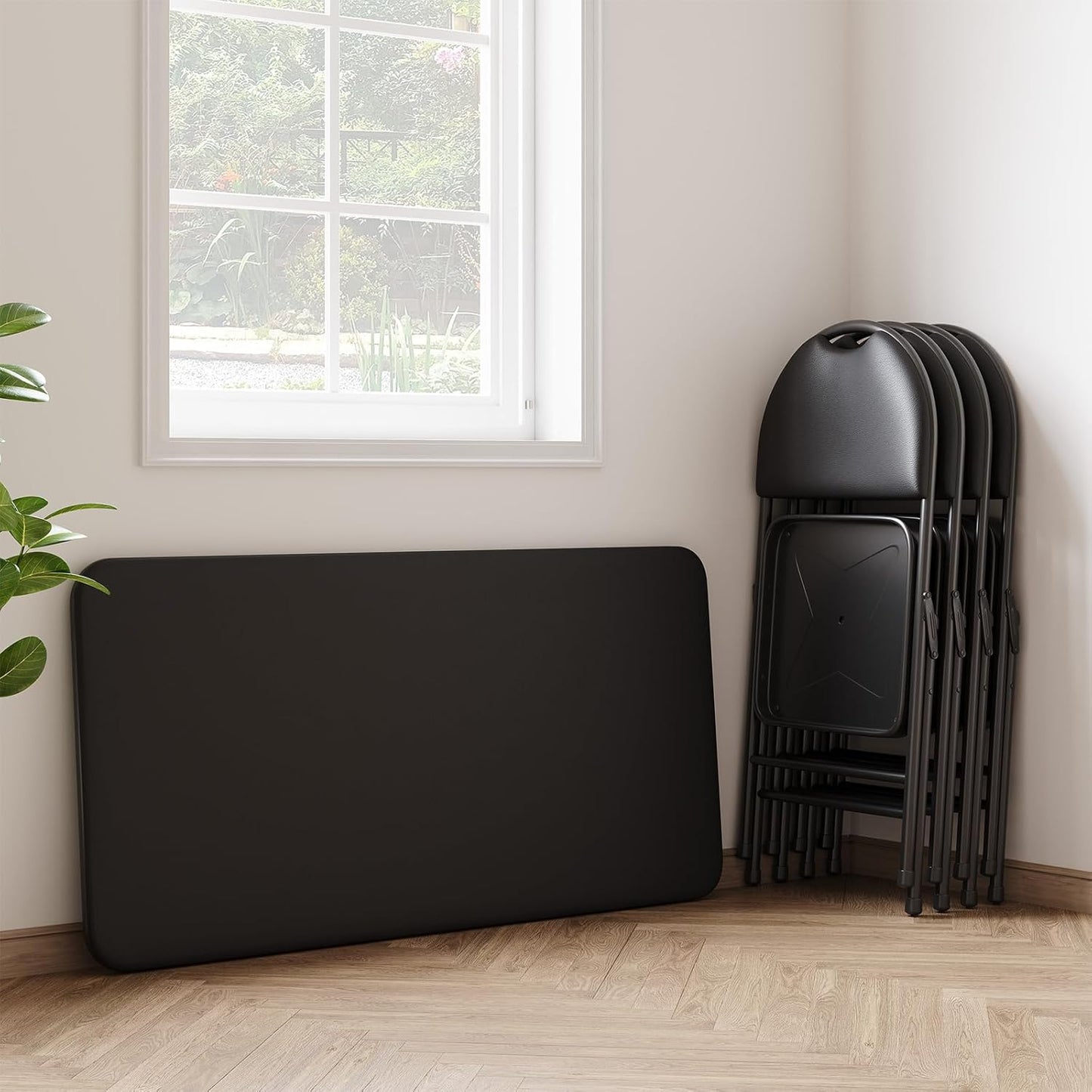 IDEALHOUSE Protable Folding Table and Chairs, 5 Piece Folding Card Table and Chairs Set, Foldable PU Upholstered Table and Chairs Set of 5, for Dining Room, Living Room, Office, Camping, Black