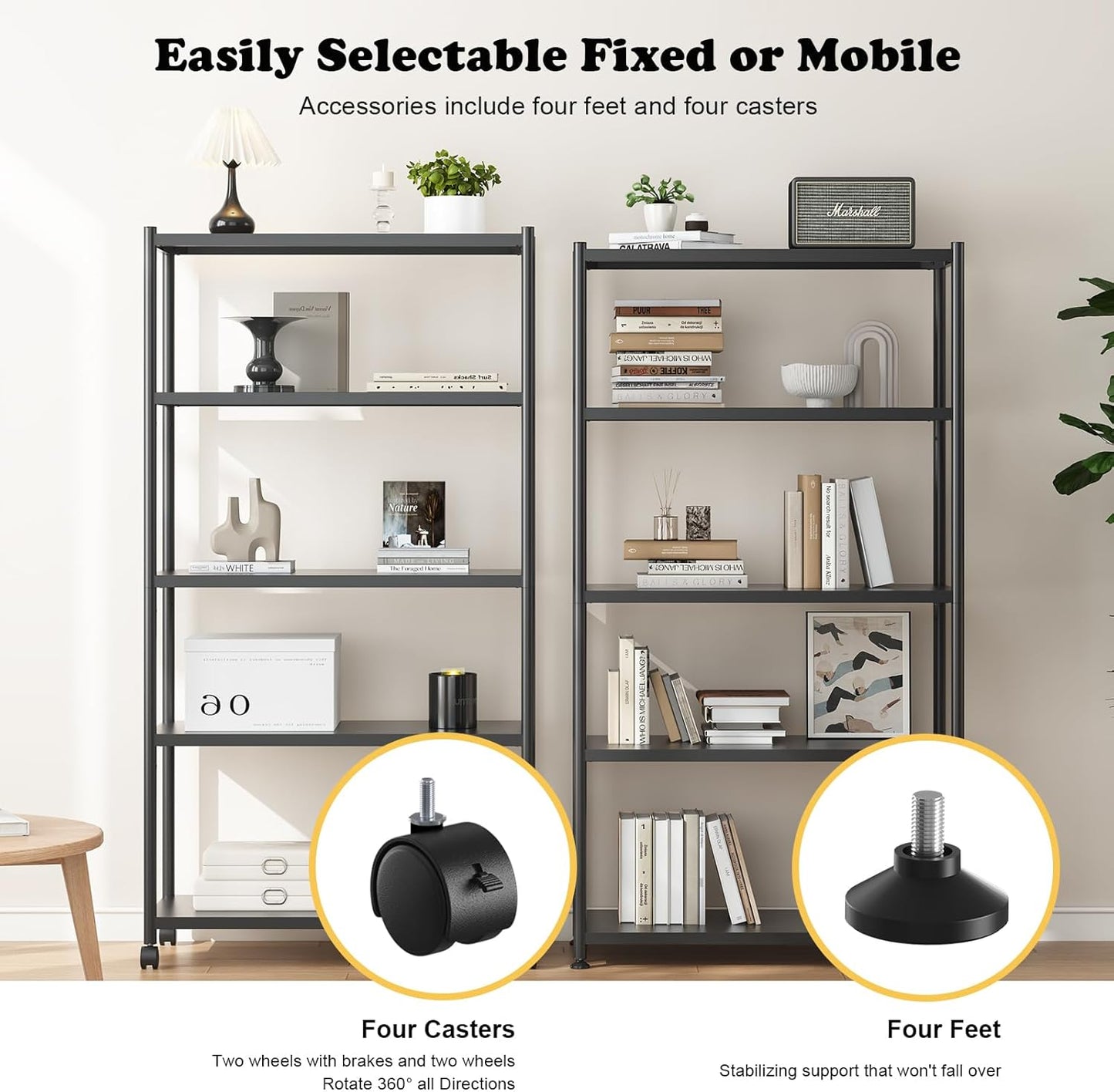 ZZL 5 Tier Large Bookshelf 31.49" Width,Tall Book Shelf Storage and Organization w/Wheels,Industrial Book Shelves for Home Office,Bedroom,School,Living Room(Black)