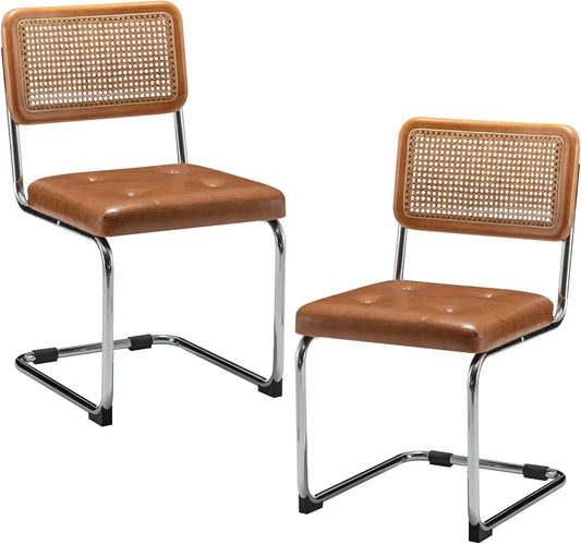 Rattan Dining Chairs Set of 2 Mid Century Modern Kitchen Chairs with Natural Rattan Backrest Oak Frame and Upholstered Pu Seat Chairs with Metal Legs