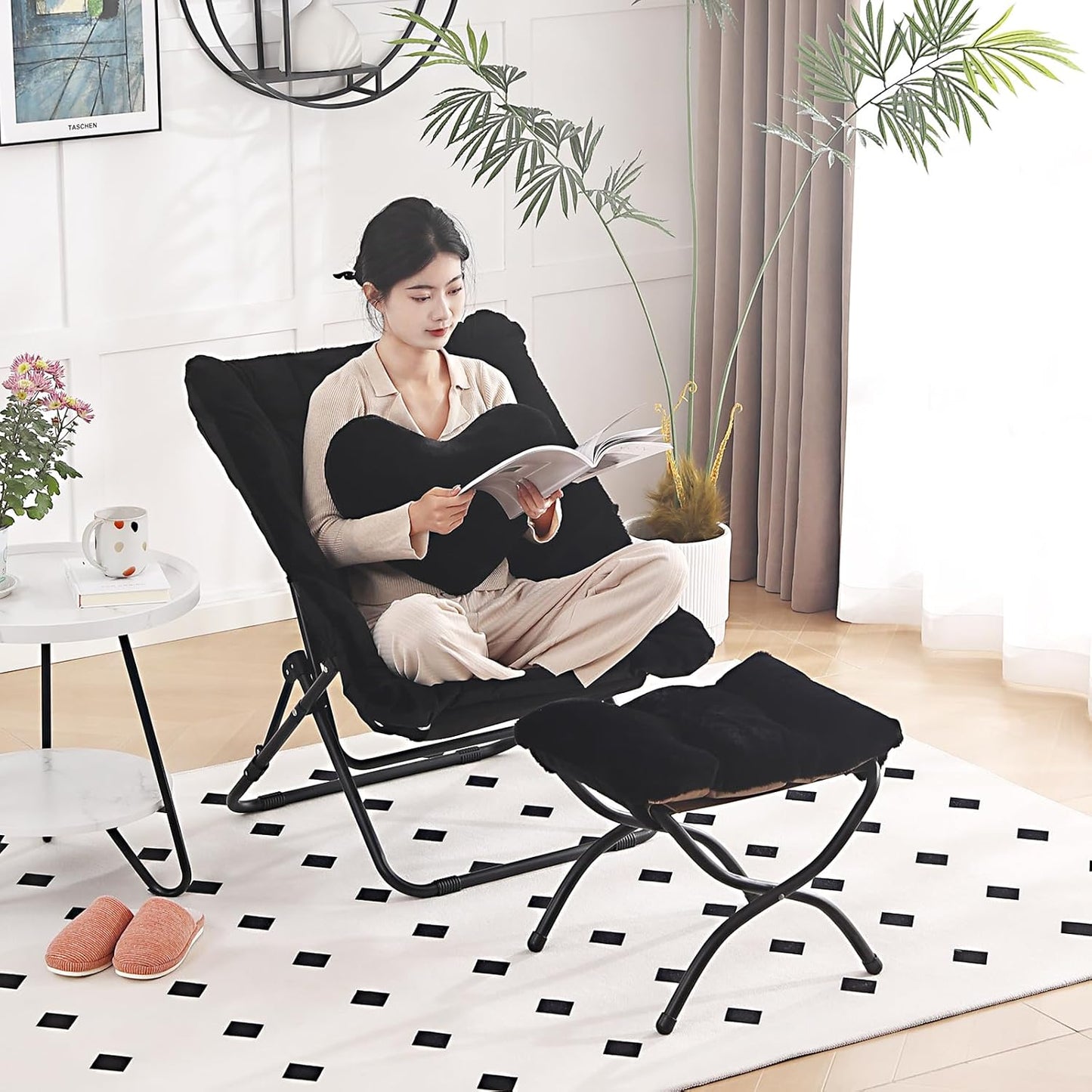 Comfy Saucer Chair with Ottoman, Oversized Folding Faux Fur Chair Soft Furry Lounge Lazy Chair with Metal Frame Moon Chair Accent Chair for Bedroom, Living Room, Dorm Rooms, Black