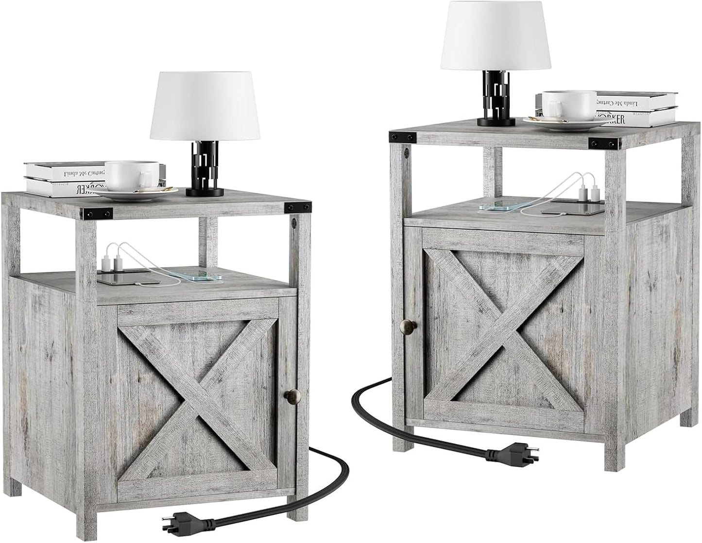 Farmhouse Nightstand Set of 2, Rustic End Table with Storage, Bedroom Night Stand, Industrial Bedside Table with USB Ports and Outlets, 17.7 x 17.7 x 23.6 inches, Grey