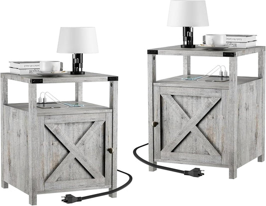 Farmhouse Nightstand Set of 2, Rustic End Table with Storage, Bedroom Night Stand, Industrial Bedside Table with USB Ports and Outlets, 17.7 x 17.7 x 23.6 inches, Grey
