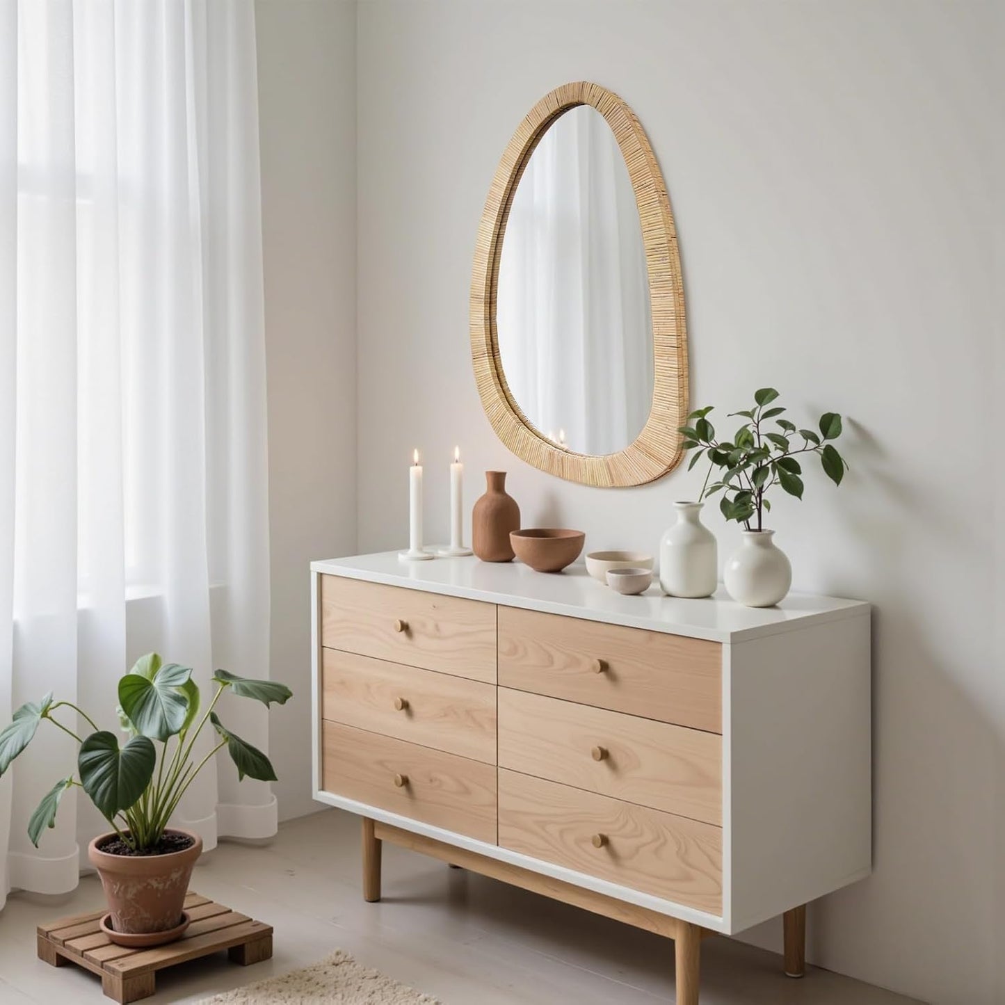 H HOMEWINS Rattan Mirror for Wall,30'' x 20" Wooden Framed Farmhouse Boho Wicker Coastal Irregular Vanity Mirror for Bathroom Living Room Entryway