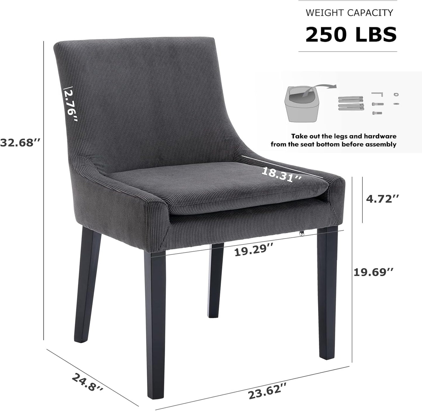 COLAMY Modern Dining Chairs Set of 2, Upholstered Corduroy Accent Side Leisure Chairs with Mid Back and Wood Legs for Living Room/Dining Room-Grey