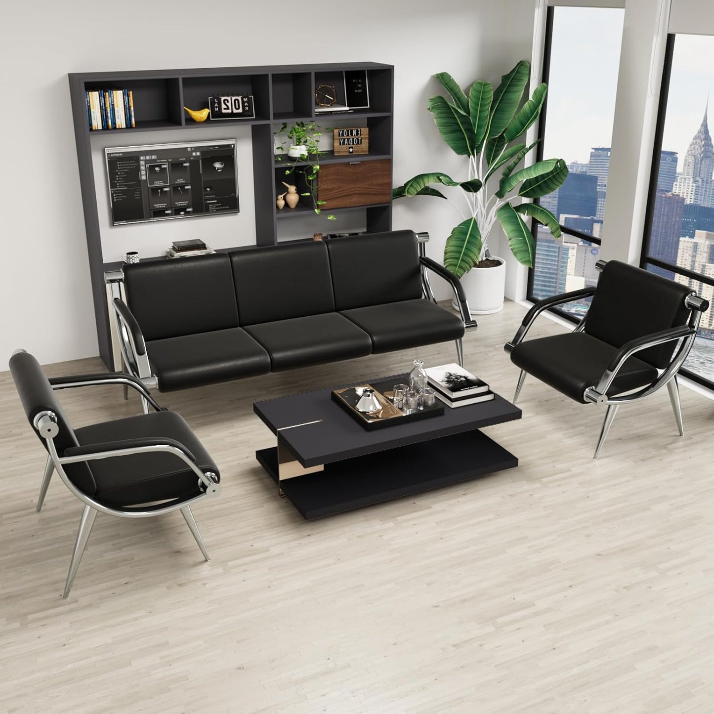 wonline 4 Seat Waiting Room Chair with Armrest PU Leather Office Furniture, Office Guest Seating Lobby Conference Reception Chairs for Airport Clinic Hospital Bank Salon Barber(Black)