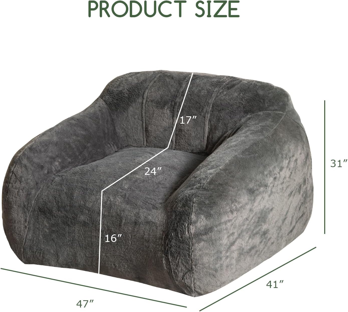 HIGOGOGO Giant Bean Bag Chair for Adults, Big Comfy Sofa Chair for Bedroom Living Room, Bean Bag Lazy Chair for Adults with Armrests for Gaming, Reading, Fur Dark Grey