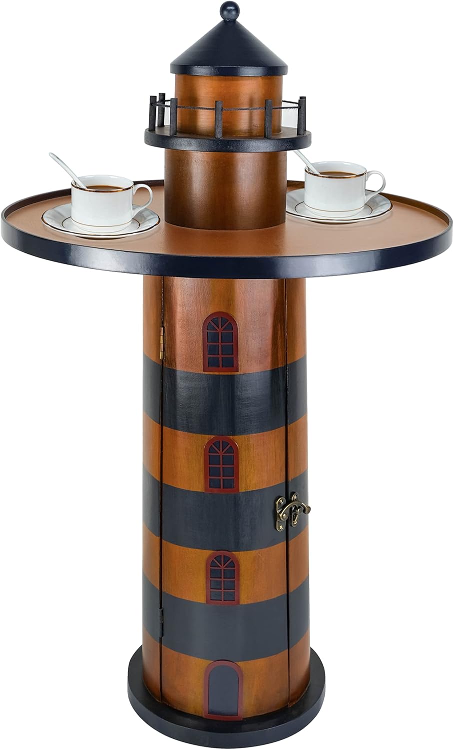 SAILINGSTORY Wooden Lighthouse Nautical Round Coffee Table Beach Coastal End Table Side Table with Storage