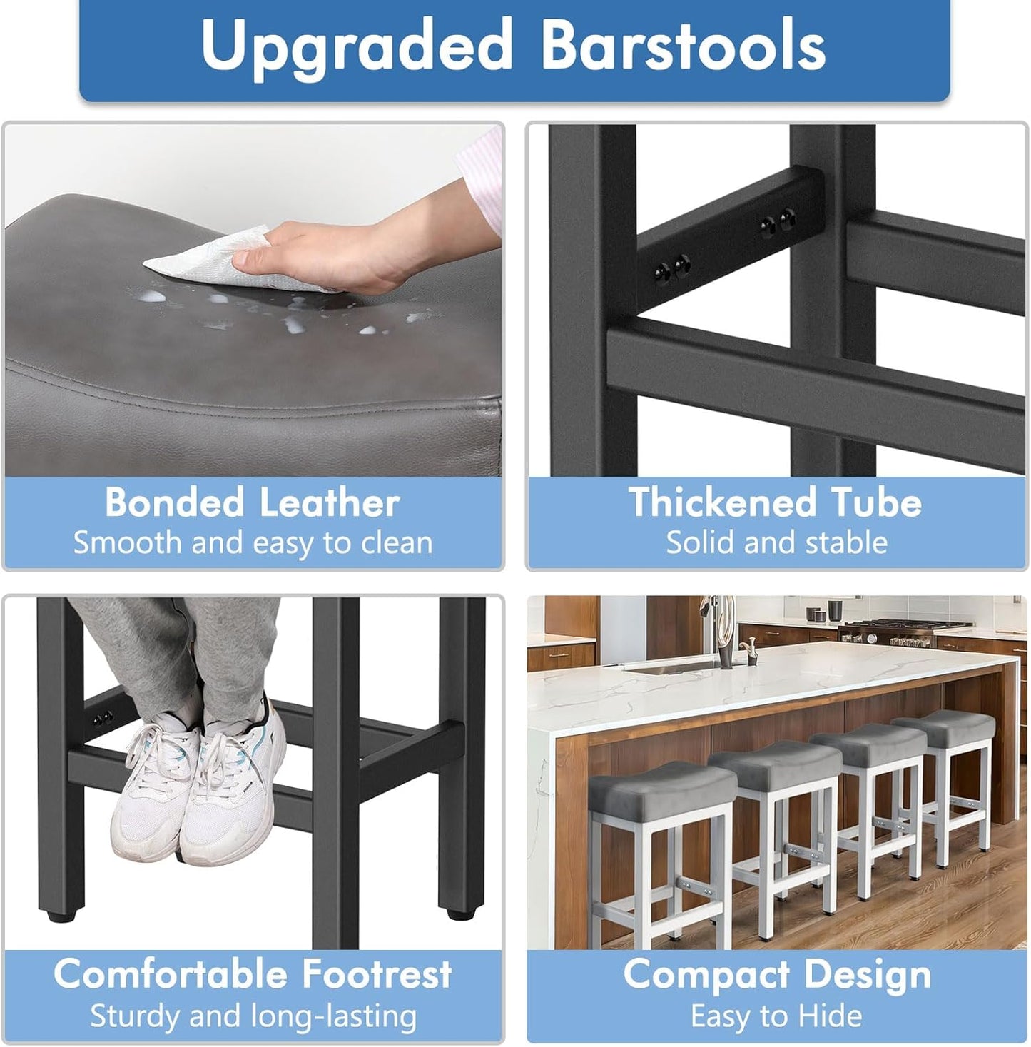 Counter Height Bar Stools Set of 2, 24 Inch Barstools for Kitchen Island Counter, Bonded Leather Kitchen Stools with Thick Saddle Seats & Heavy Duty Metal Base, Easy Assembly, Gray/Black