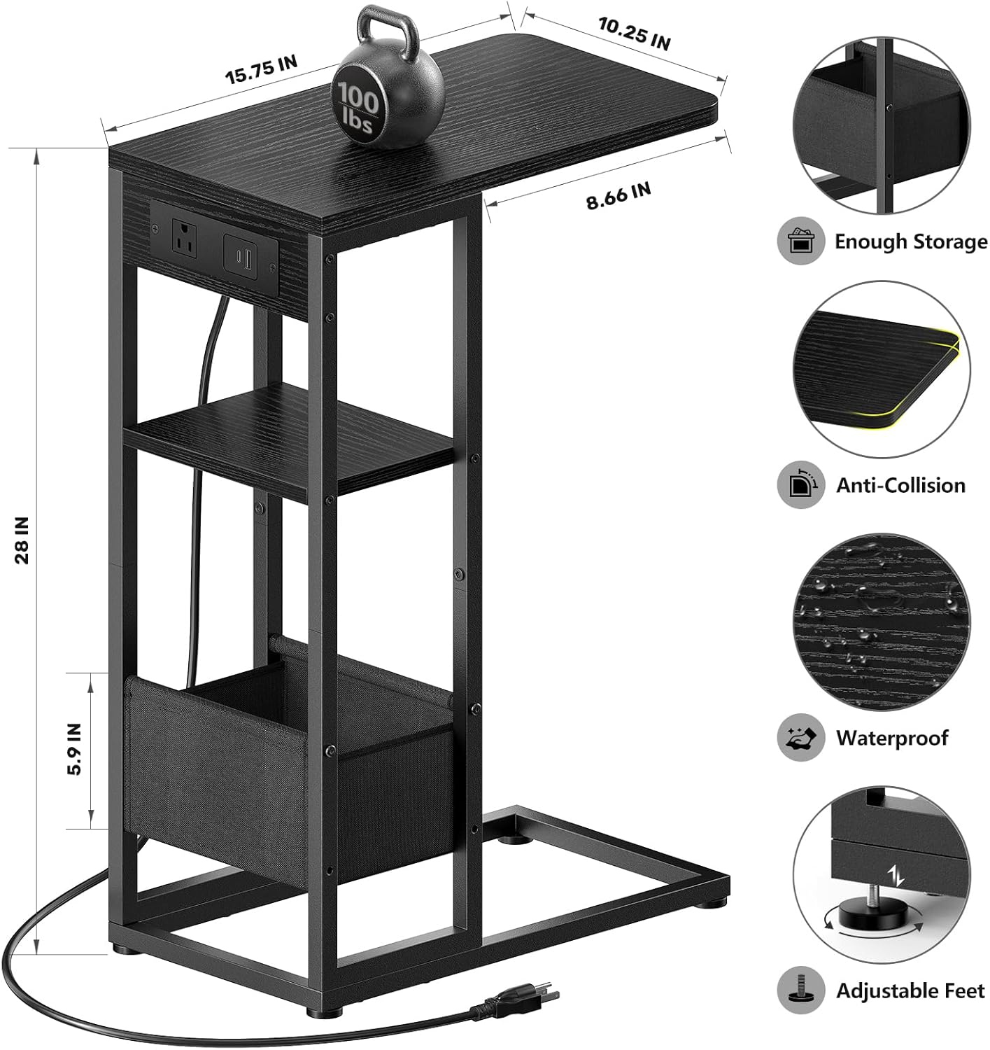 C Shaped End Table with Charging Station, Small Side Table for Couch Recliner, Slide Under Sofa Desk Snack Tables with Storage Bag & AC / USB Outlet, Small Spaces Drink Tables for Living Room, Bedroom