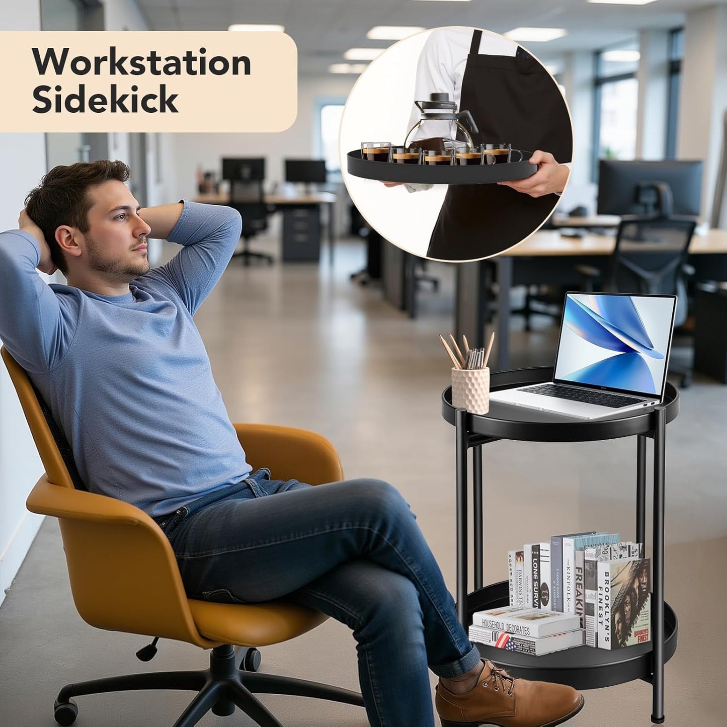 Small Side Table Round for Small Spaces Indoor Outdoor, Mini End Table Metal, 2 Tier Plant Stand Foldable, Bedside Table for Living Room, Bed Side, Sofa Side, Patio, Night Stand 20.5'' Tall, Black