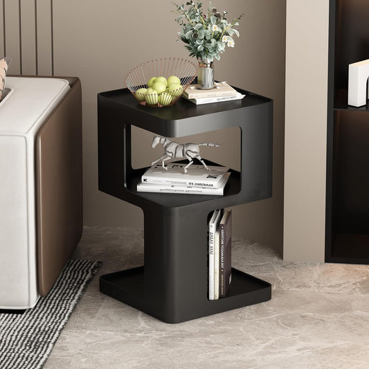 Black Side Table, Modern Nightstand Metal End Table for Living Room Bedroom,Square Bedside Table-3 Tier Storage,Not Assemble Required