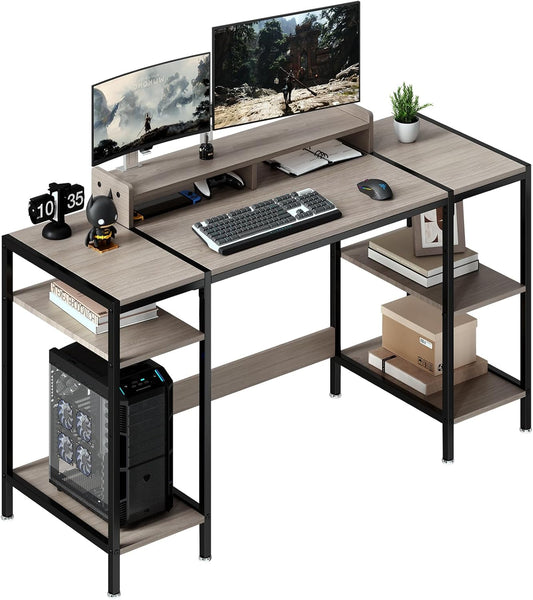 Computer Gaming Desk with Monitor Stand, Home Office Desk Suitable for 2 Monitors, Writing Desk with Adjustable Storage Space,Sturdy and Durable Modern Small Desk (Grey, 55 inchs)