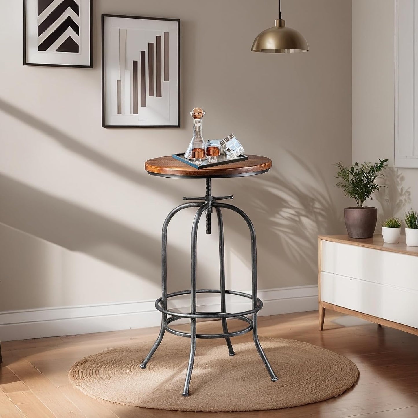 Rustic Bar Table Vintage Bistro Table Industrial Pub Table for Kitchen Coffee House Office Computer Desk Swivel Round Wooden Top 37.4-45.3inch Height Adjustable