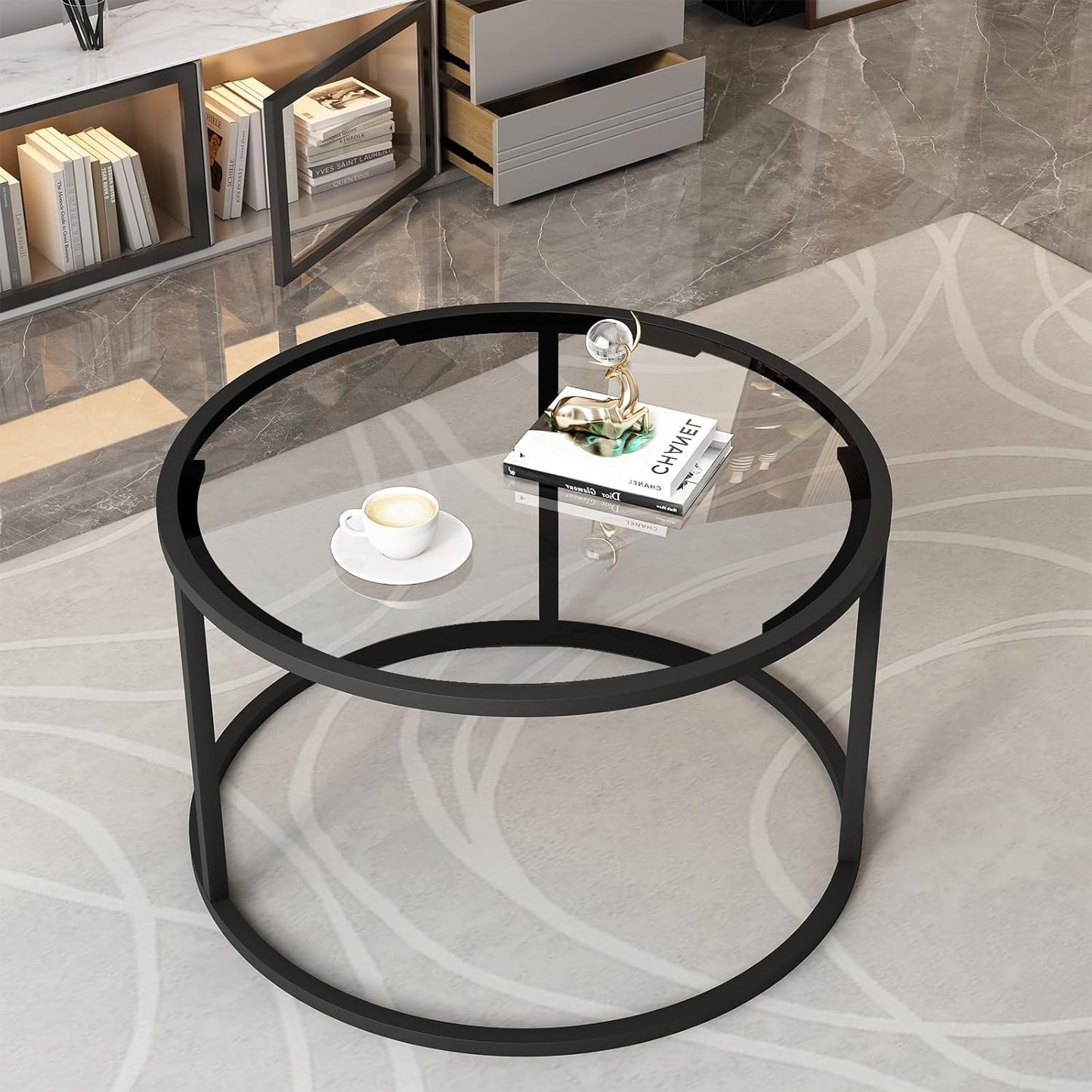 Round Coffee Table,Small Black Coffee Table for Living Room,27" Modern Center Table,Glass Top Clear Coffee Table with Sturdy Metal Frame for for Living Room Home Office, Easy Assembly,Black