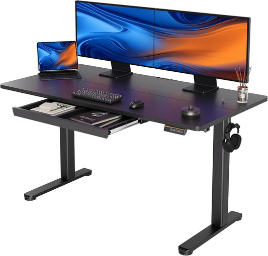 YDN Standing Desk with Drawers, 55 x 24 Inch Adjustable Height Stand Up Desk, Sit Stand Computer Desk for Home Office, Black